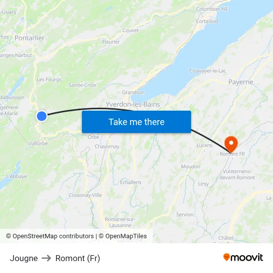 Jougne to Romont (Fr) map