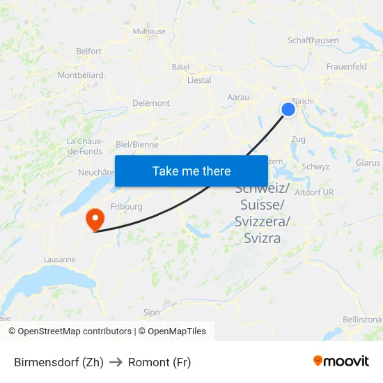 Birmensdorf (Zh) to Romont (Fr) map