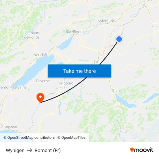 Wynigen to Romont (Fr) map