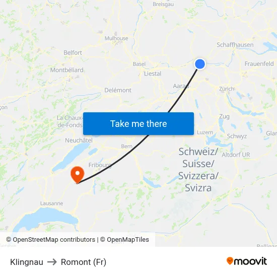 Klingnau to Romont (Fr) map