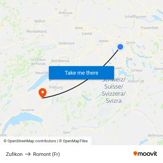 Zufikon to Romont (Fr) map