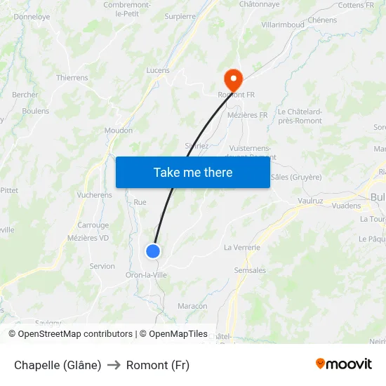 Chapelle (Glâne) to Romont (Fr) map