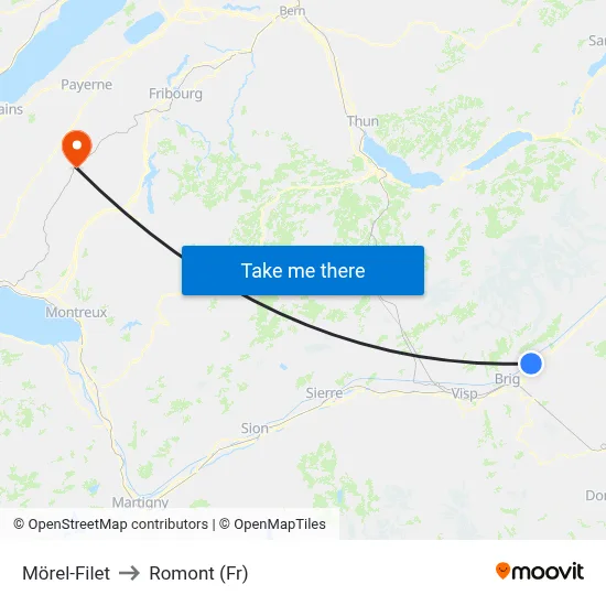 Mörel-Filet to Romont (Fr) map