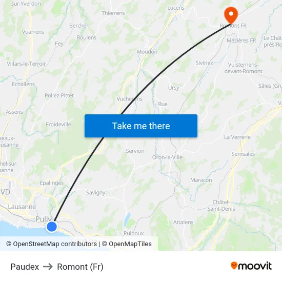 Paudex to Romont (Fr) map