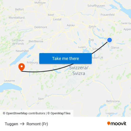 Tuggen to Romont (Fr) map