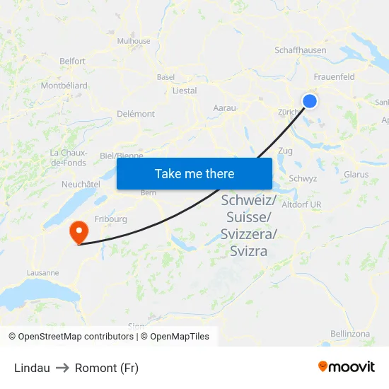 Lindau to Romont (Fr) map
