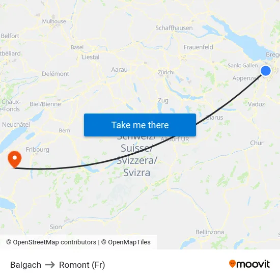 Balgach to Romont (Fr) map