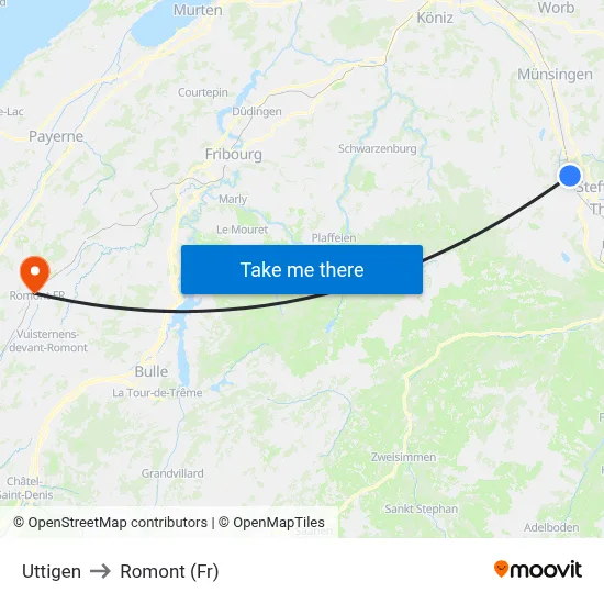 Uttigen to Romont (Fr) map
