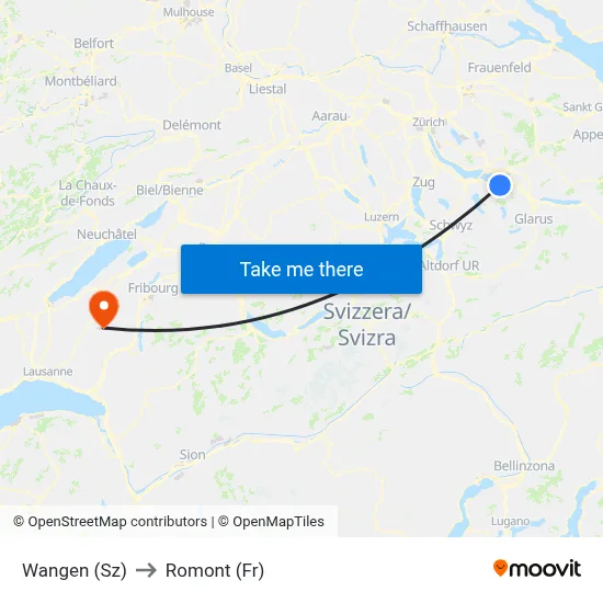 Wangen (Sz) to Romont (Fr) map