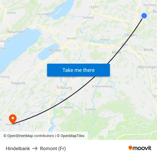 Hindelbank to Romont (Fr) map