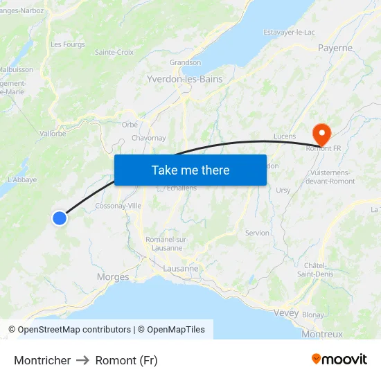 Montricher to Romont (Fr) map