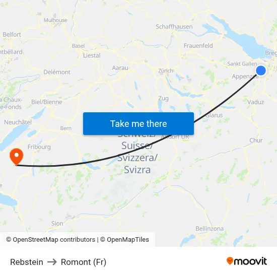 Rebstein to Romont (Fr) map