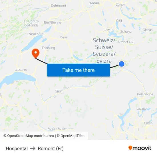 Hospental to Romont (Fr) map