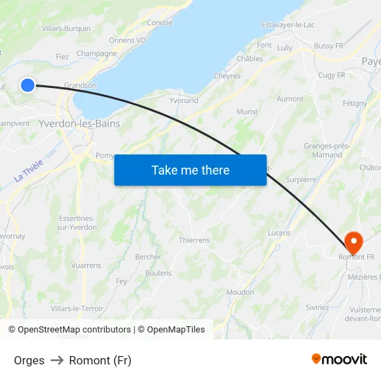 Orges to Romont (Fr) map