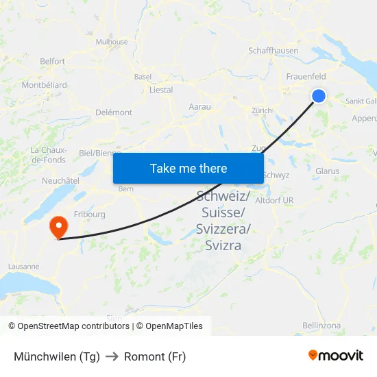 Münchwilen (Tg) to Romont (Fr) map