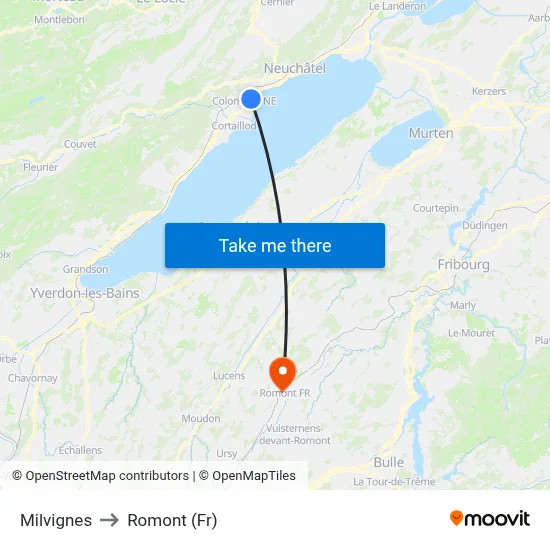 Milvignes to Romont (Fr) map