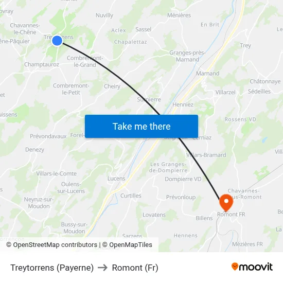 Treytorrens (Payerne) to Romont (Fr) map