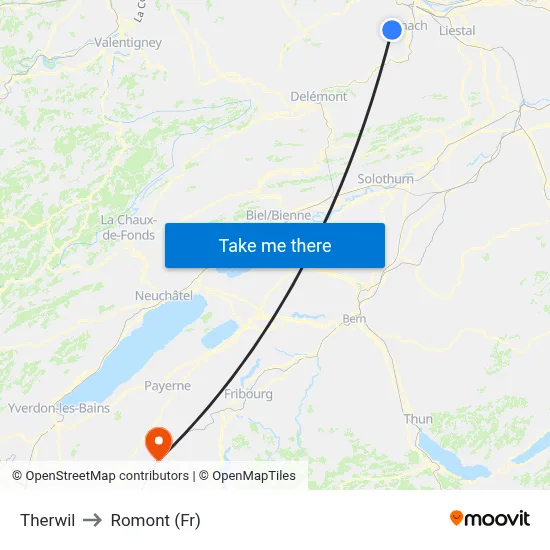 Therwil to Romont (Fr) map