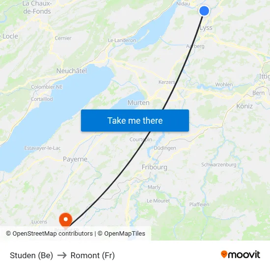 Studen (Be) to Romont (Fr) map