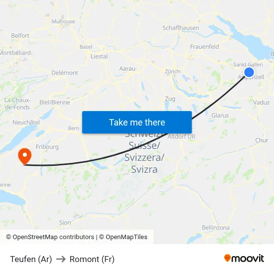 Teufen (Ar) to Romont (Fr) map