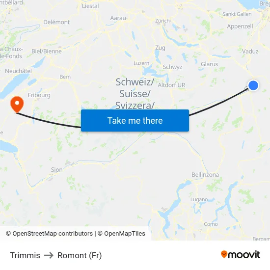 Trimmis to Romont (Fr) map
