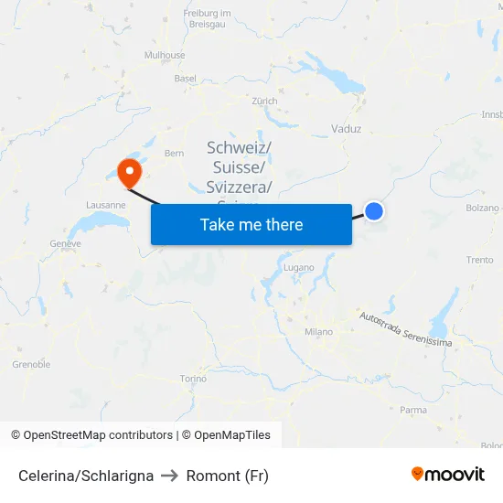 Celerina/Schlarigna to Romont (Fr) map