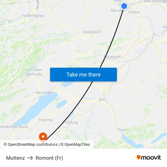 Muttenz to Romont (Fr) map