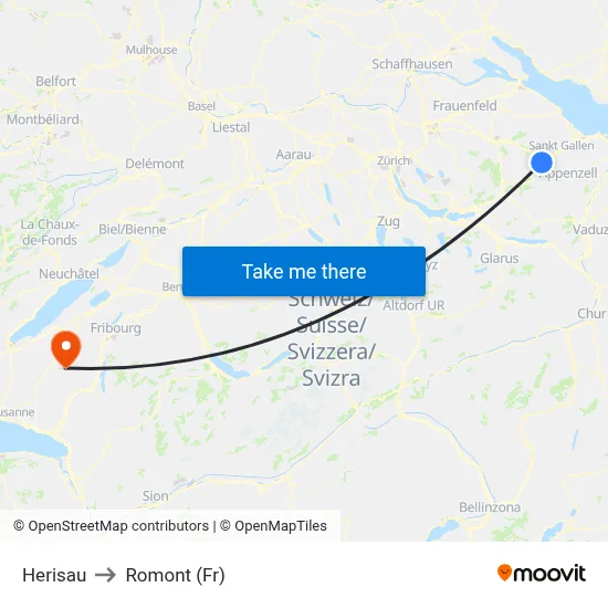 Herisau to Romont (Fr) map