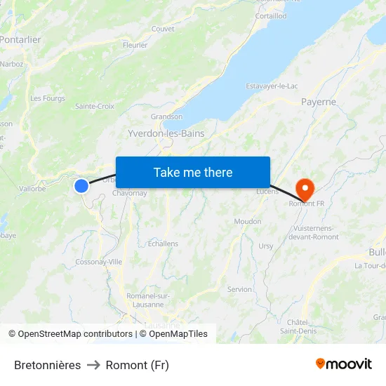 Bretonnières to Romont (Fr) map
