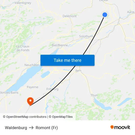 Waldenburg to Romont (Fr) map