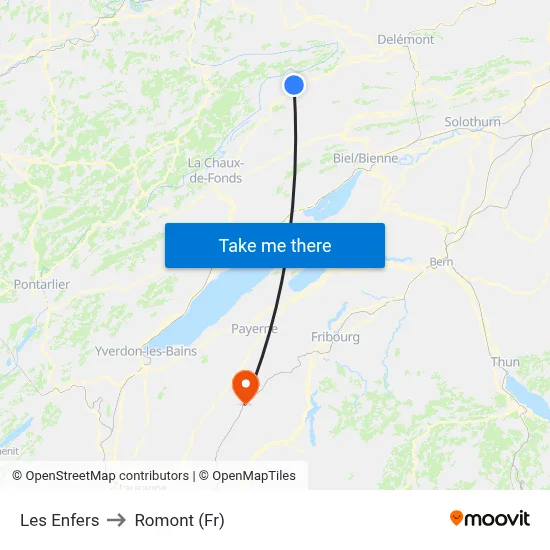 Les Enfers to Romont (Fr) map