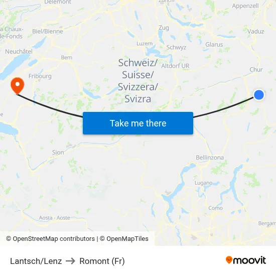 Lantsch/Lenz to Romont (Fr) map