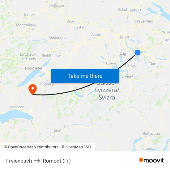 Freienbach to Romont (Fr) map