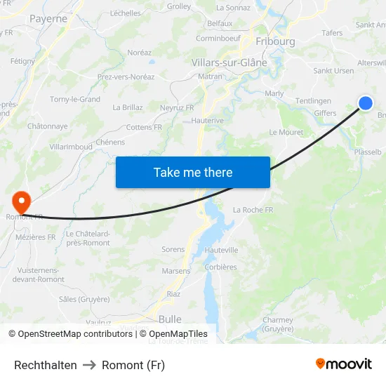 Rechthalten to Romont (Fr) map