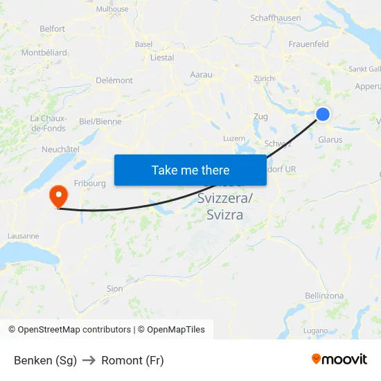 Benken (Sg) to Romont (Fr) map
