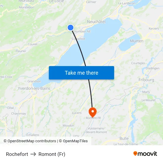 Rochefort to Romont (Fr) map