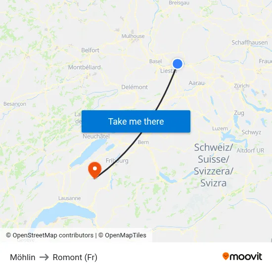 Möhlin to Romont (Fr) map