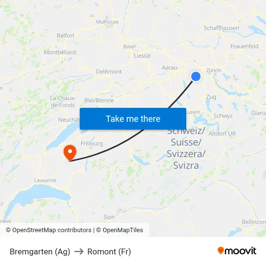 Bremgarten (Ag) to Romont (Fr) map