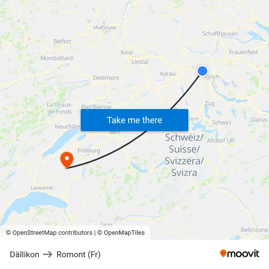 Dällikon to Romont (Fr) map