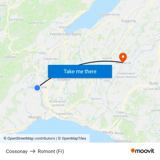 Cossonay to Romont (Fr) map