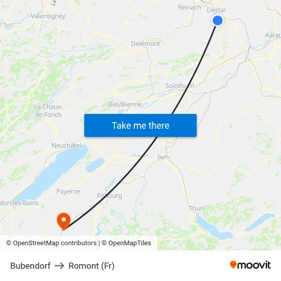 Bubendorf to Romont (Fr) map