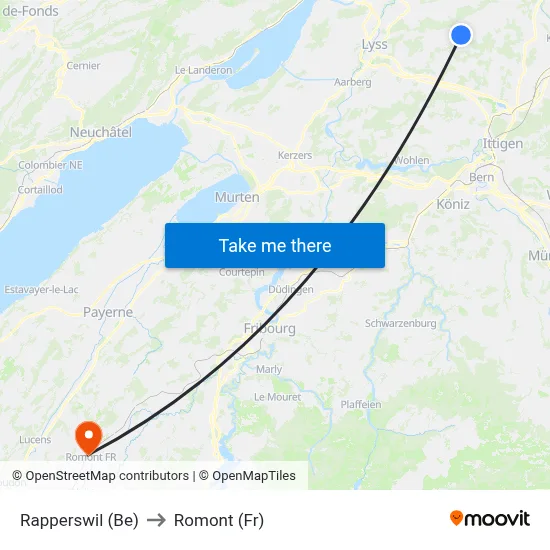 Rapperswil (Be) to Romont (Fr) map
