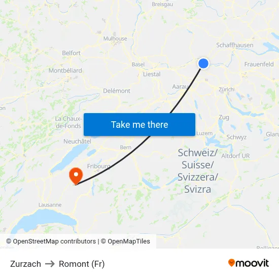 Zurzach to Romont (Fr) map