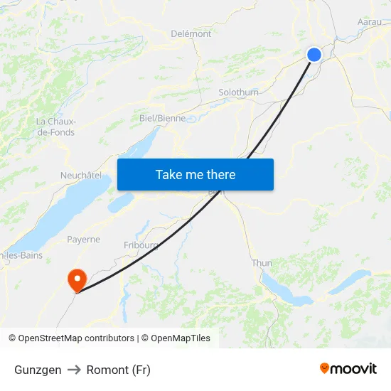 Gunzgen to Romont (Fr) map