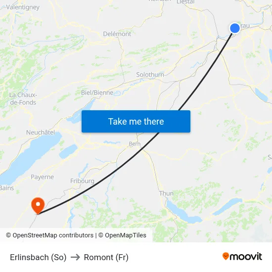 Erlinsbach (So) to Romont (Fr) map