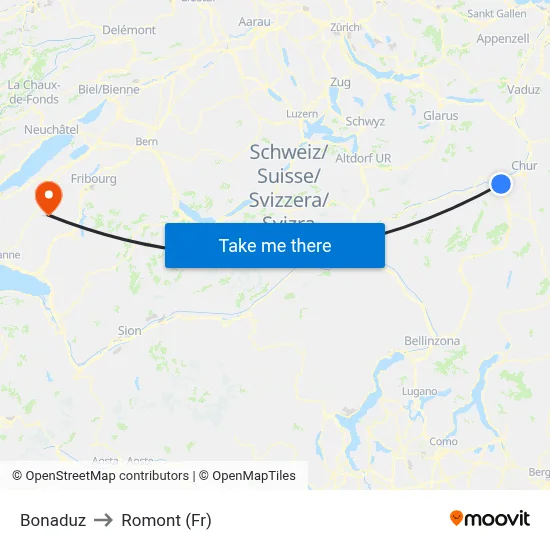 Bonaduz to Romont (Fr) map