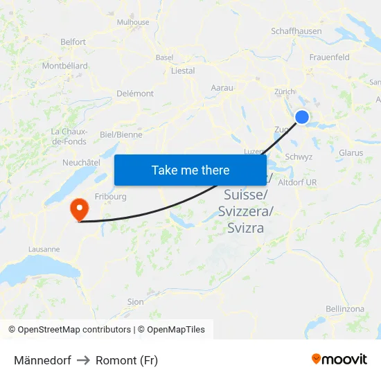 Männedorf to Romont (Fr) map