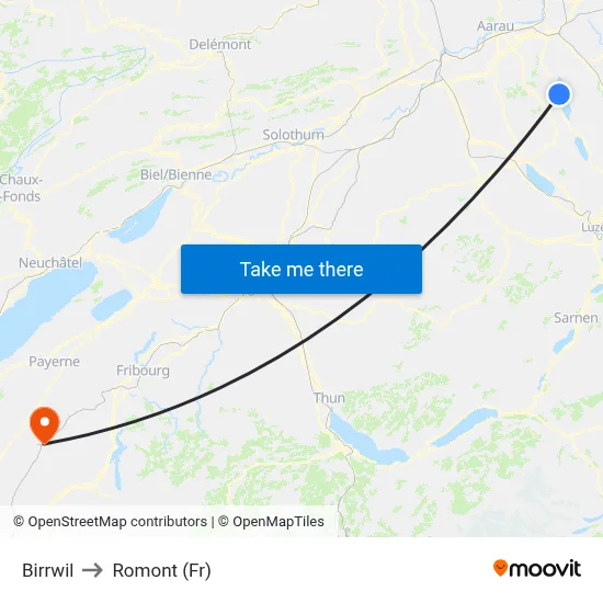 Birrwil to Romont (Fr) map