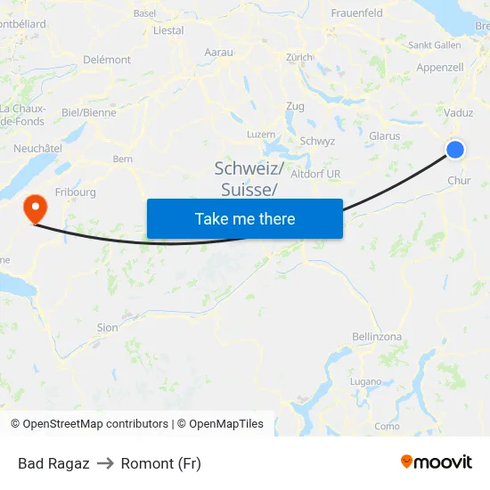 Bad Ragaz to Romont (Fr) map
