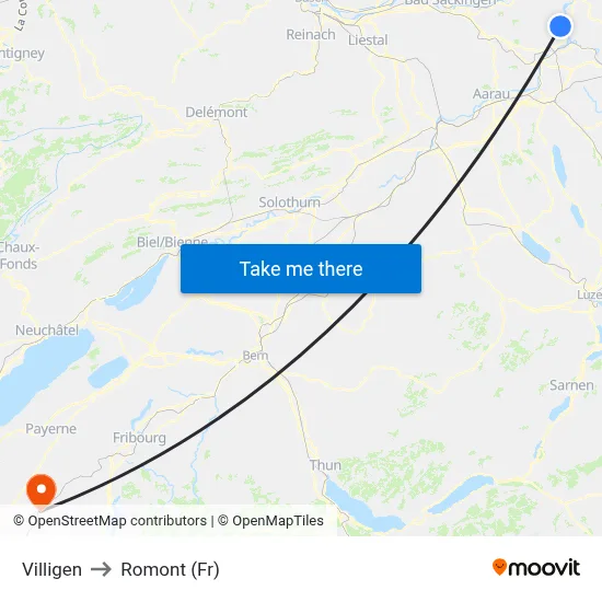 Villigen to Romont (Fr) map